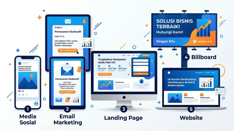 Berbagai jenis platform copywriting iklan: media sosial, email, landing page, billboard, website