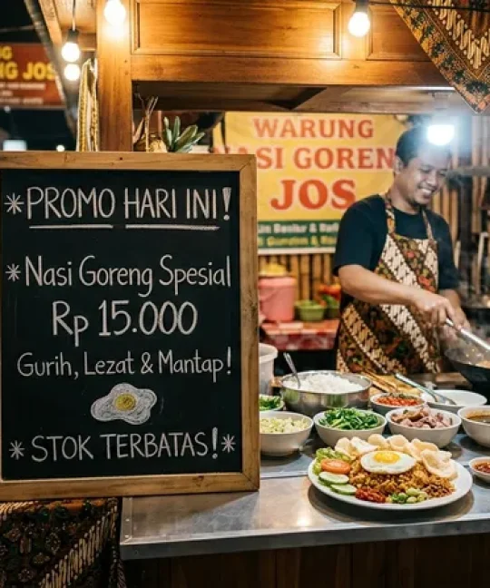 Contoh copywriting makanan pada warung nasi goreng dengan papan promosi menarik