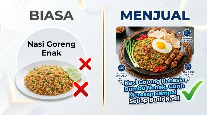 Perbandingan copywriting makanan biasa versus yang menggunakan sensory words