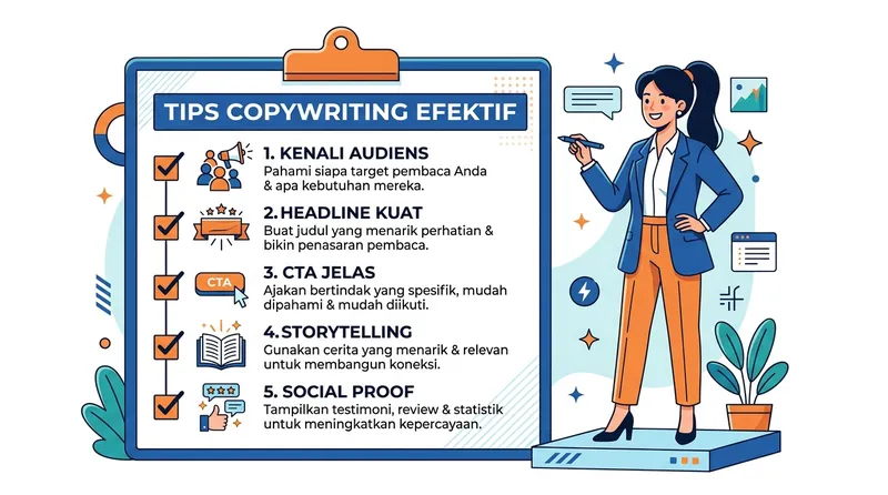 Checklist tips copywriting efektif: kenali audiens, headline kuat, CTA jelas, storytelling, social proof