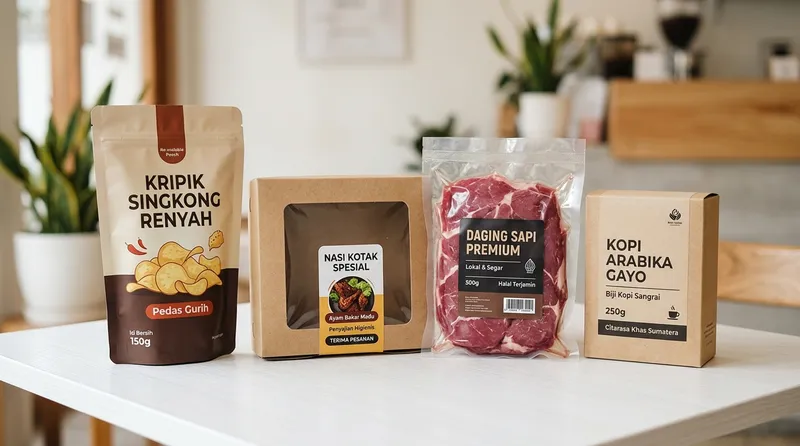 Contoh kemasan produk makanan mulai dari standing pouch, paper box, kemasan vakum, hingga kraft box
