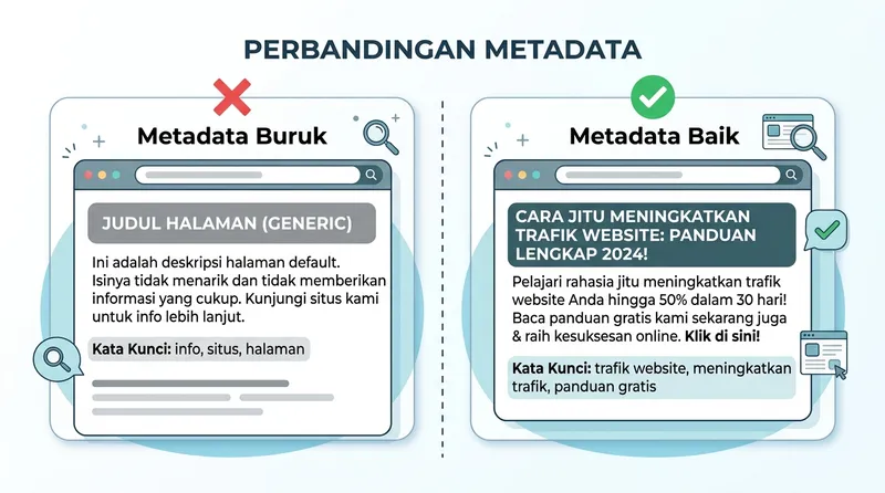 Perbandingan contoh metadata baik versus buruk untuk SEO