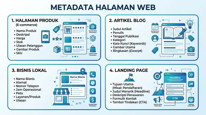 Ilustrasi contoh metadata untuk berbagai jenis halaman website