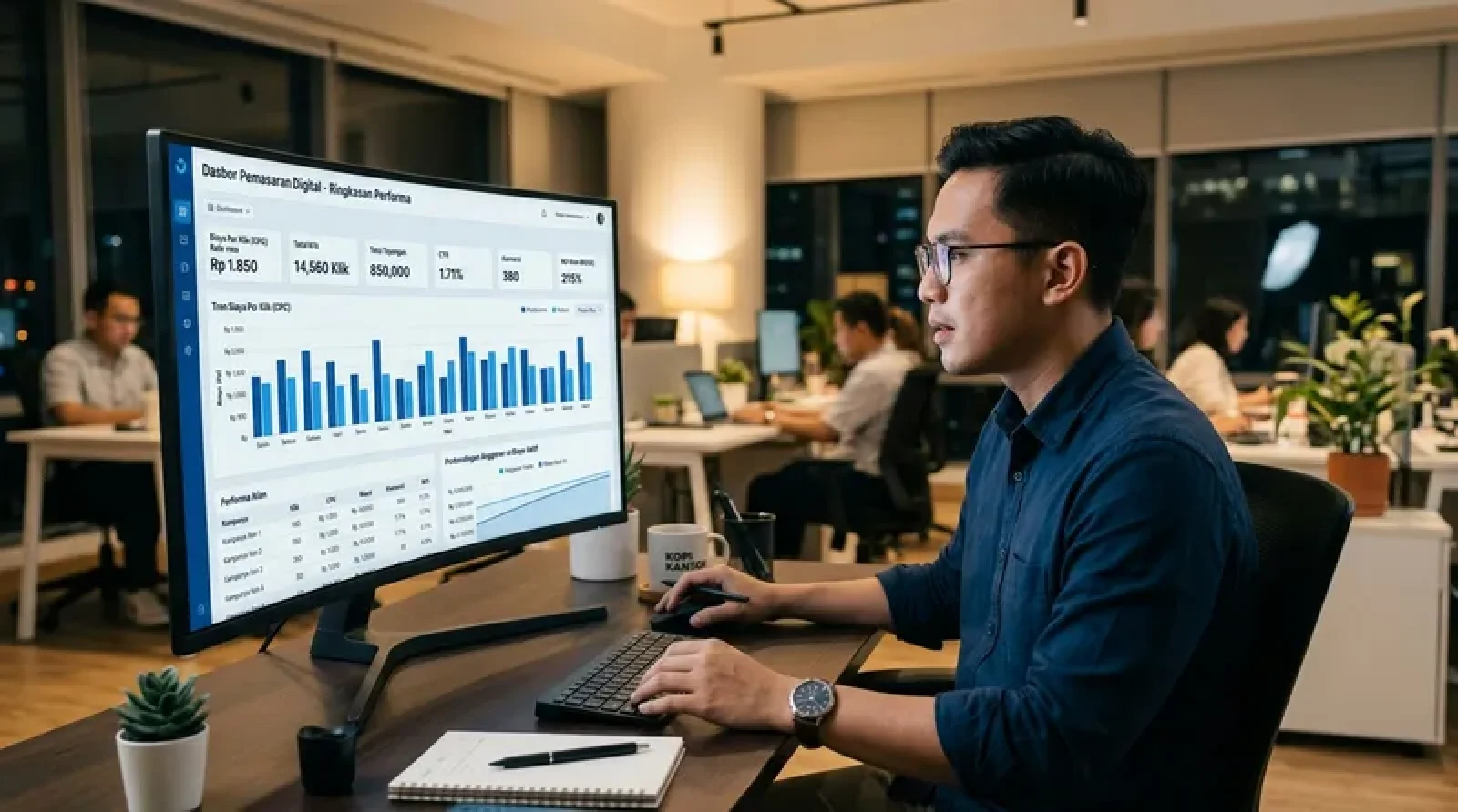 Dashboard analytics CPC yang menampilkan metrik biaya per klik dan performa iklan digital