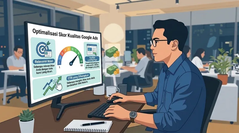 Ilustrasi Quality Score Google Ads dengan tiga faktor utama yang memengaruhi CPC