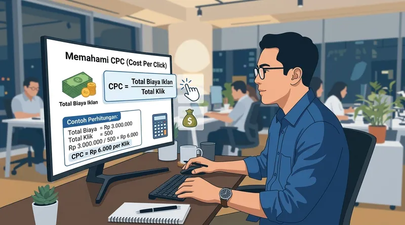 Ilustrasi rumus perhitungan CPC Cost Per Click dengan contoh kalkulasi dalam Rupiah