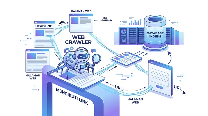 Ilustrasi cara kerja web crawler menelusuri halaman web dan menyimpan data ke database indeks