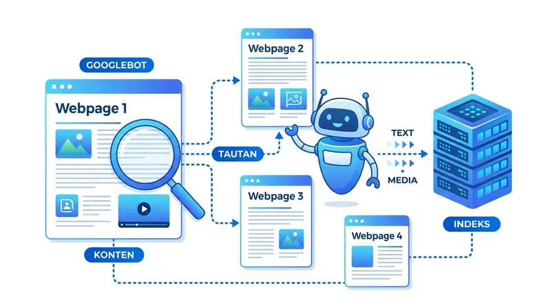 Googlebot menelusuri halaman web mengikuti tautan dan menyimpan konten ke indeks