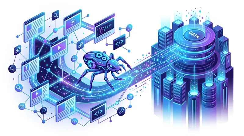 Ilustrasi crawling data oleh web crawler yang menelusuri halaman website