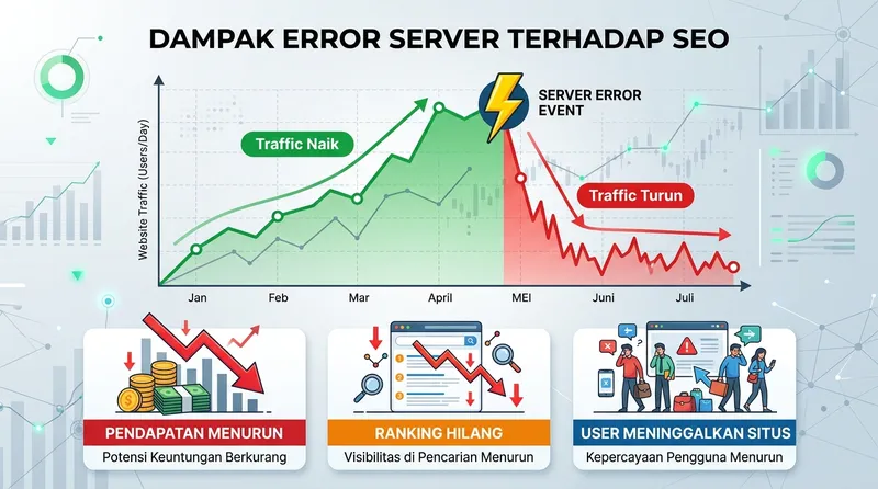Grafik dampak server error terhadap SEO: traffic turun, ranking hilang, pendapatan menurun