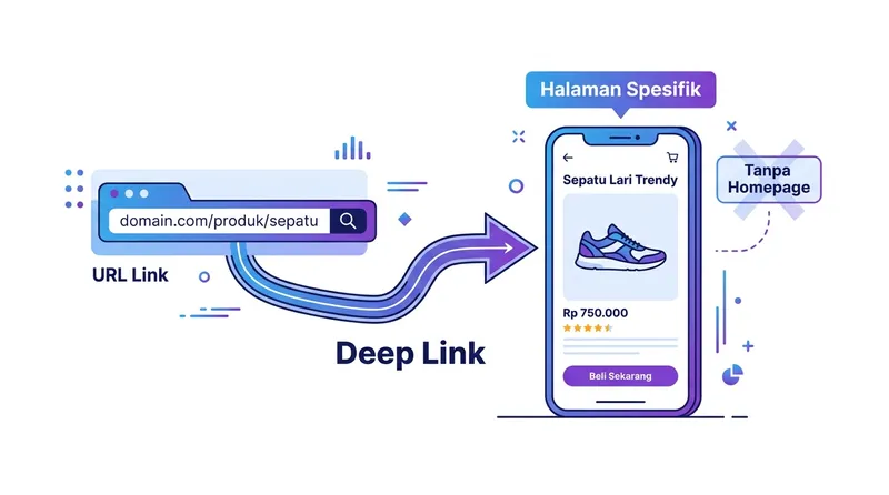 Ilustrasi konsep deep link mengarahkan pengguna langsung ke halaman spesifik dalam aplikasi