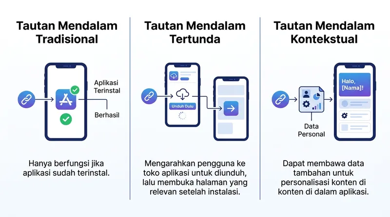 Perbandingan tiga jenis deep link: traditional, deferred, dan contextual
