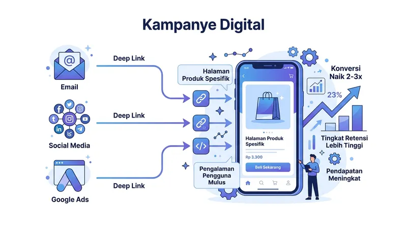 Ilustrasi deep link dalam kampanye digital marketing dari berbagai channel