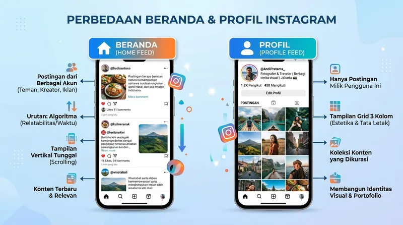 Perbedaan beranda home feed dan profil feed Instagram