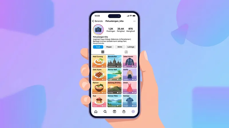 Ilustrasi feed Instagram menampilkan grid profil di smartphone