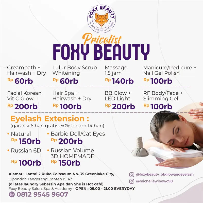Desain pricelist treatment Foxy Beauty BBGlow dan Eyelash