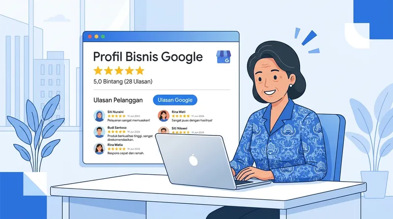 Ilustrasi Google Business Profile dengan ulasan bintang 5 dan review pelanggan