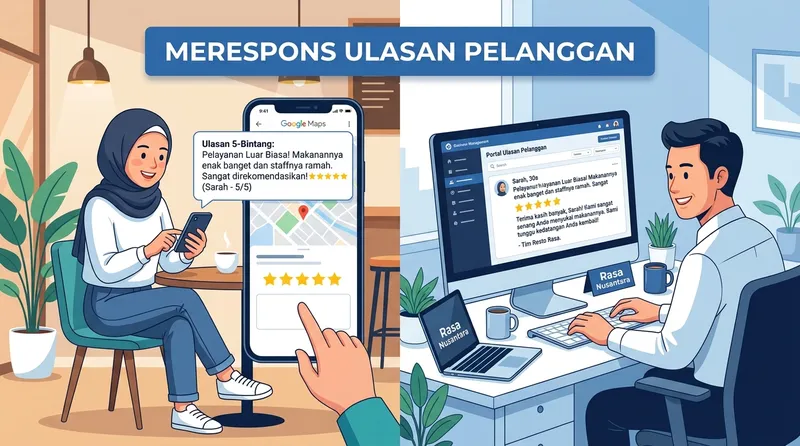 Ilustrasi pelanggan memberikan ulasan dan pemilik bisnis merespons secara profesional