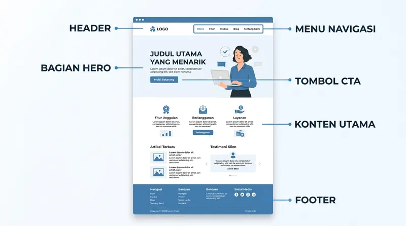 Anatomi homepage website menunjukkan header, hero section, navigasi, konten utama, dan footer