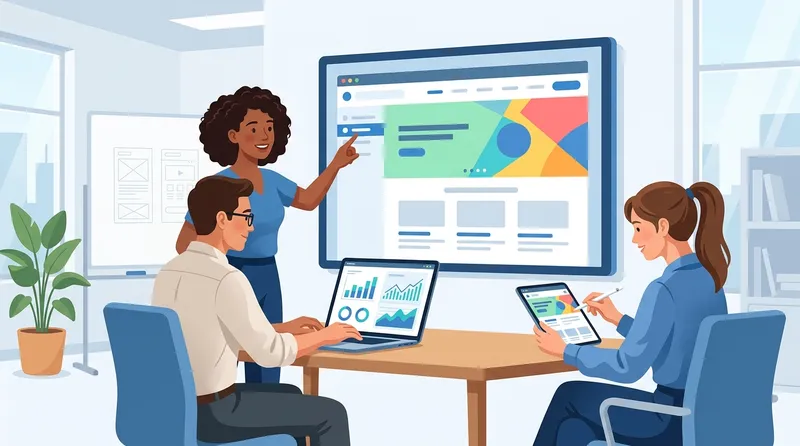 Tim desain halaman utama website profesional sedang merancang layout