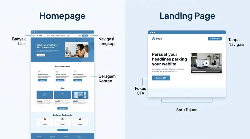 Perbandingan visual antara homepage dan landing page website