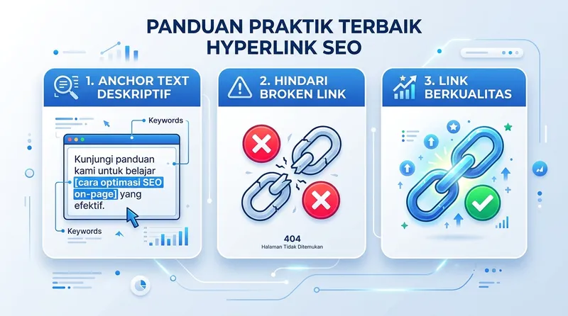 Praktik terbaik penggunaan hyperlink untuk SEO: anchor text deskriptif, hindari broken link, dan link berkualitas