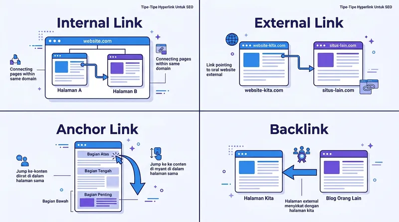 Infografik jenis-jenis hyperlink: internal link, external link, anchor link, dan backlink