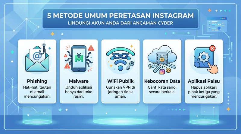 5 metode umum peretasan Instagram - phishing, malware, WiFi publik, kebocoran data, aplikasi palsu