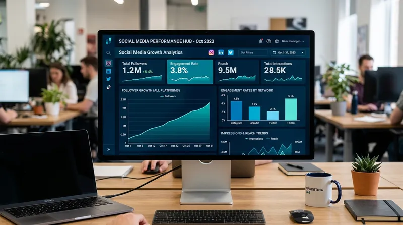 Dashboard performa social media ilmuGo menunjukkan pertumbuhan engagement