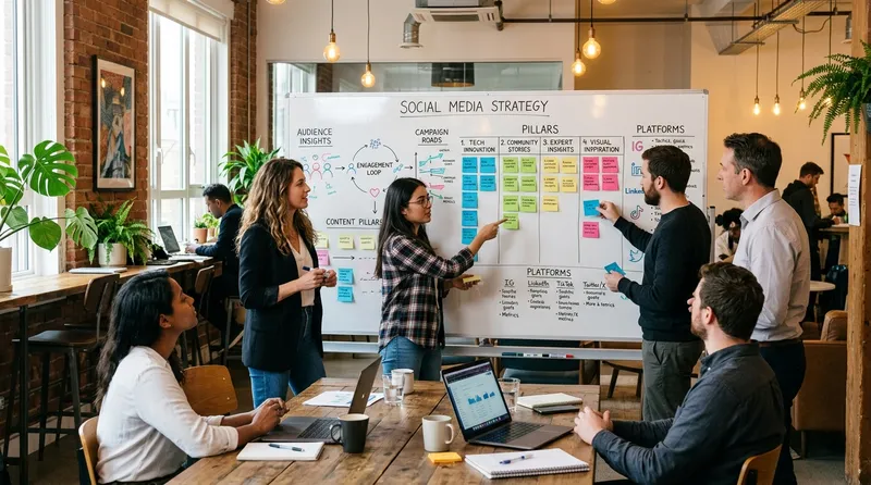 Tim marketing menyusun strategi konten social media untuk platform edukasi VR