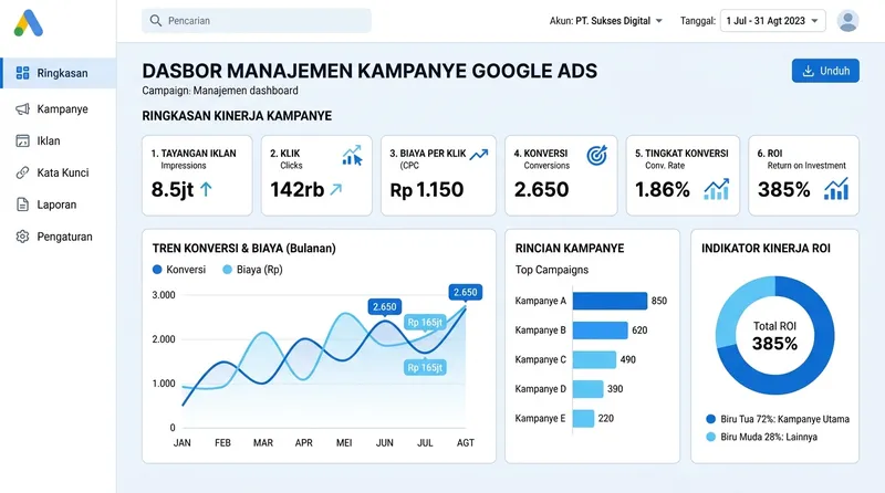 Dashboard manajemen kampanye Google Ads dengan metrik kinerja