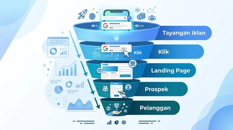 Funnel konversi Google Ads dari tayangan iklan hingga pelanggan