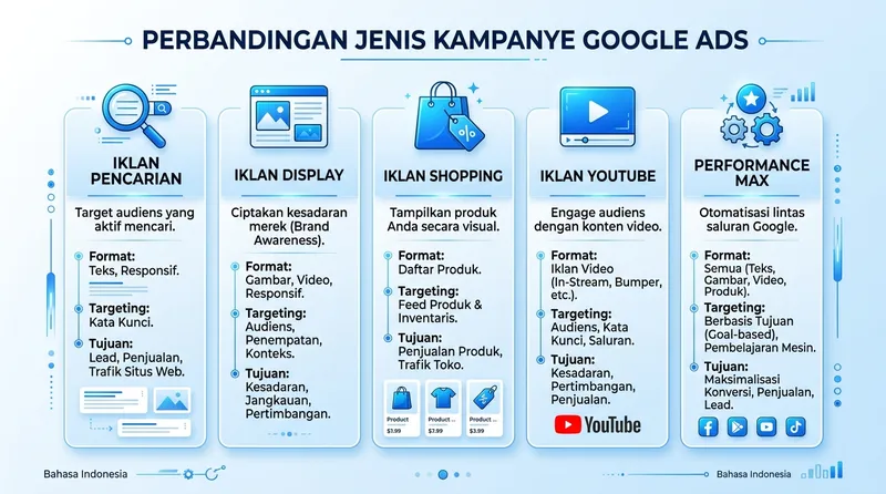 Perbandingan jenis kampanye Google Ads: Search, Display, Shopping, YouTube, Performance Max