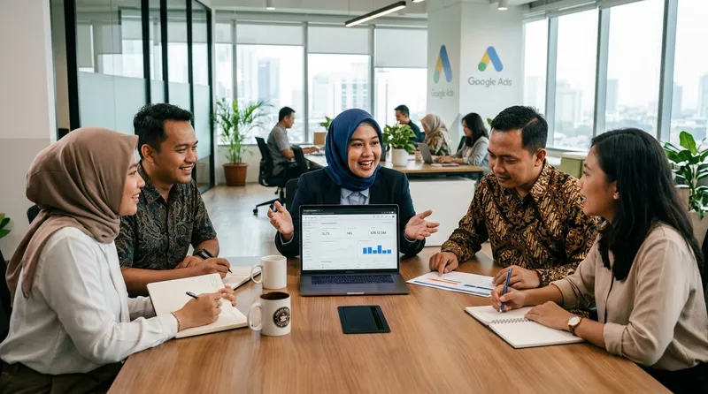 Tim profesional diskusi strategi jasa Google Ads di kantor