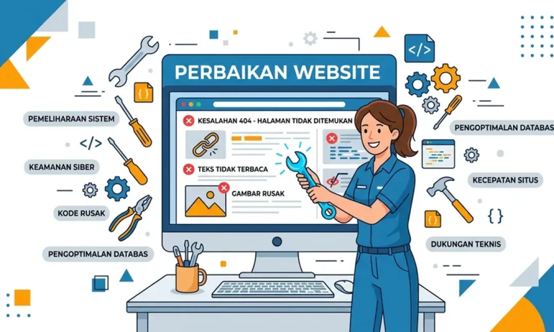 Ilustrasi jasa perbaikan website profesional dengan tools dan error 404