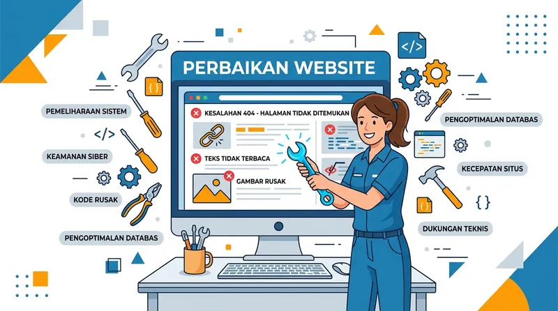 Ilustrasi jasa perbaikan website profesional dengan tools dan error 404