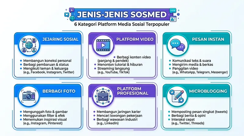 Infografis 6 jenis sosmed populer: jejaring sosial, platform video, pesan instan, berbagi foto, platform profesional, dan microblogging
