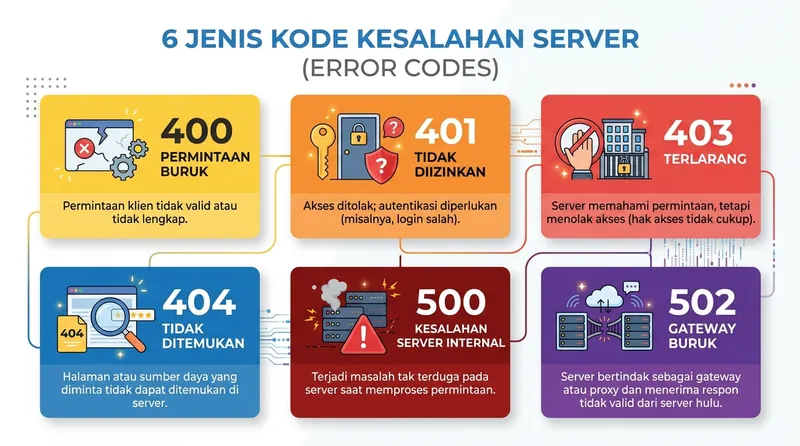 Infografis 6 jenis kode server error: 400, 401, 403, 404, 500, dan 502