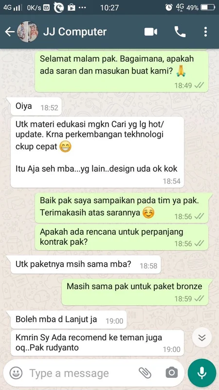 Konten testimonial Matur Suksma JJ Computer Bali