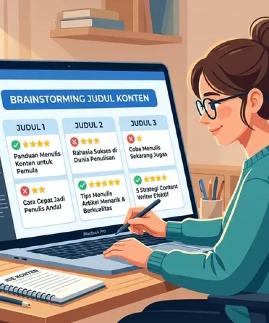 Content writer melakukan brainstorming judul yang menarik di laptop
