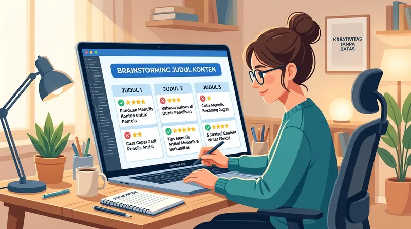 Content writer melakukan brainstorming judul yang menarik di laptop