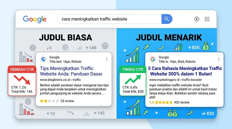 Perbandingan CTR antara judul biasa dan judul yang menarik di hasil pencarian Google