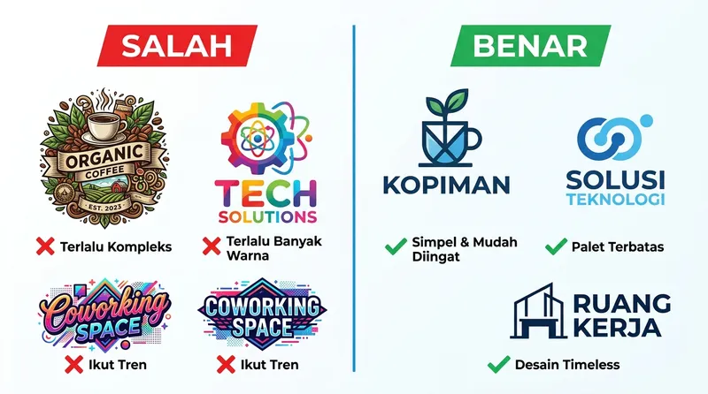 Perbandingan kesalahan umum desain logo (terlalu kompleks, terlalu banyak warna, ikut tren) versus pendekatan yang benar