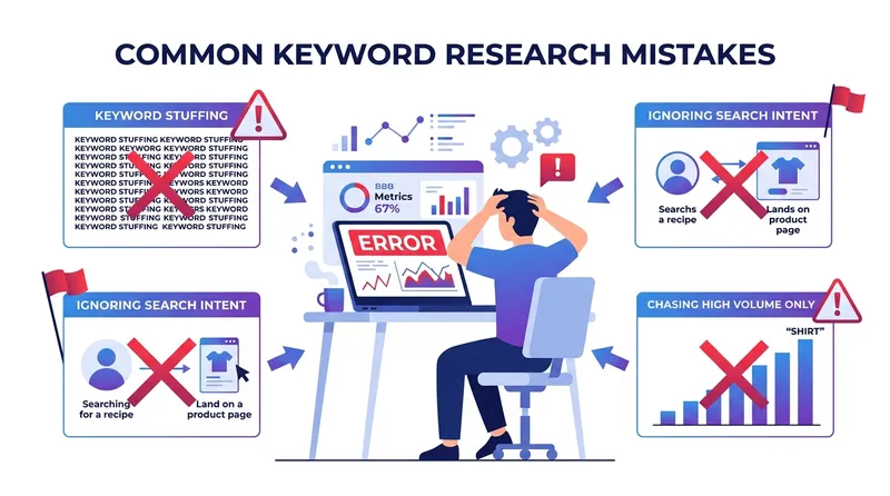 Ilustrasi kesalahan umum riset keyword: keyword stuffing, mengabaikan search intent, mengejar volume tinggi