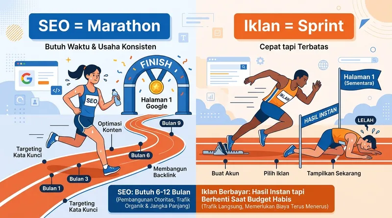 Perbandingan SEO sebagai marathon vs iklan berbayar sebagai sprint