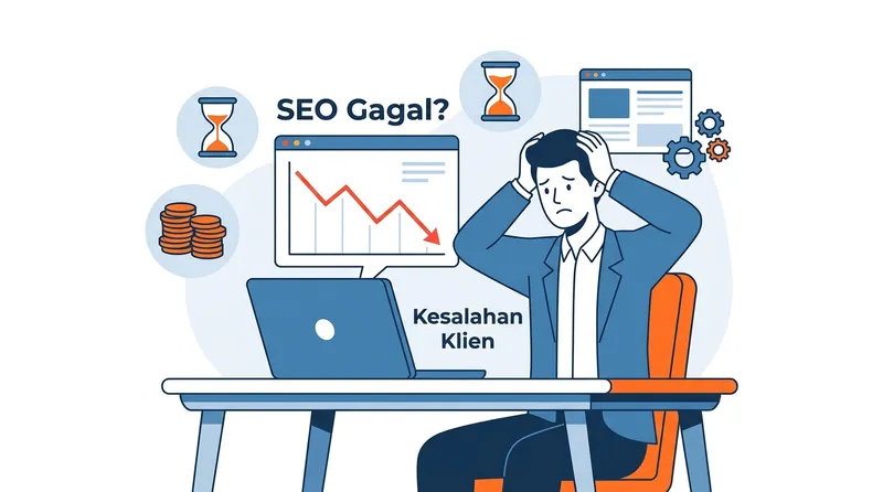 Ilustrasi pemilik bisnis frustasi melihat grafik SEO menurun di laptop