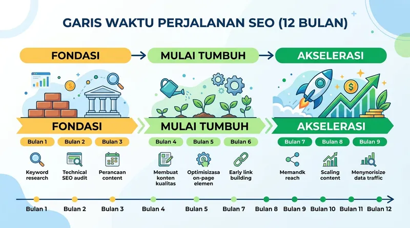 Timeline perjalanan SEO 12 bulan dari fondasi hingga akselerasi