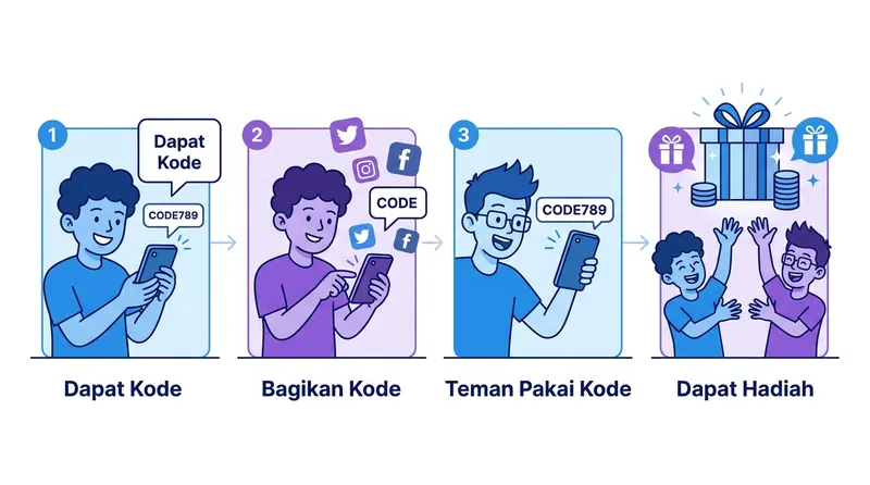 Ilustrasi cara kerja kode referral dalam 4 langkah