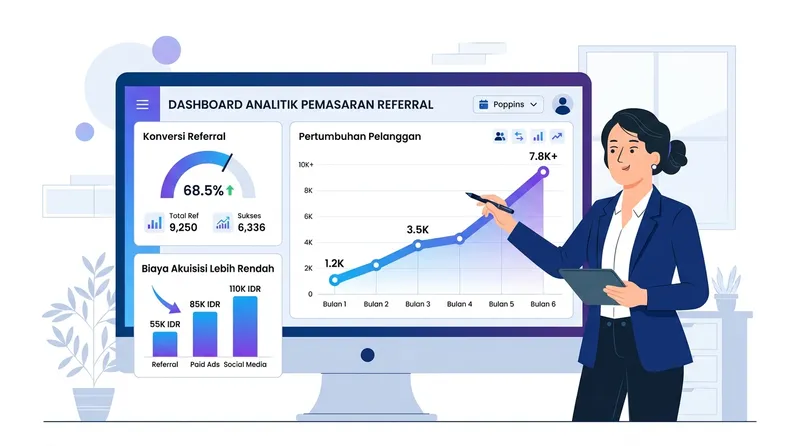 Dashboard analitik pemasaran referral menunjukkan pertumbuhan pelanggan