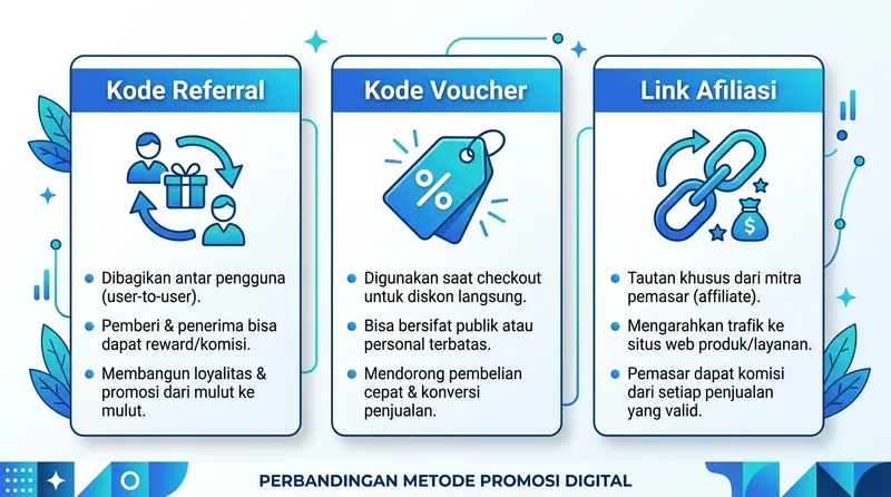 Perbandingan kode referral vs kode voucher vs link afiliasi